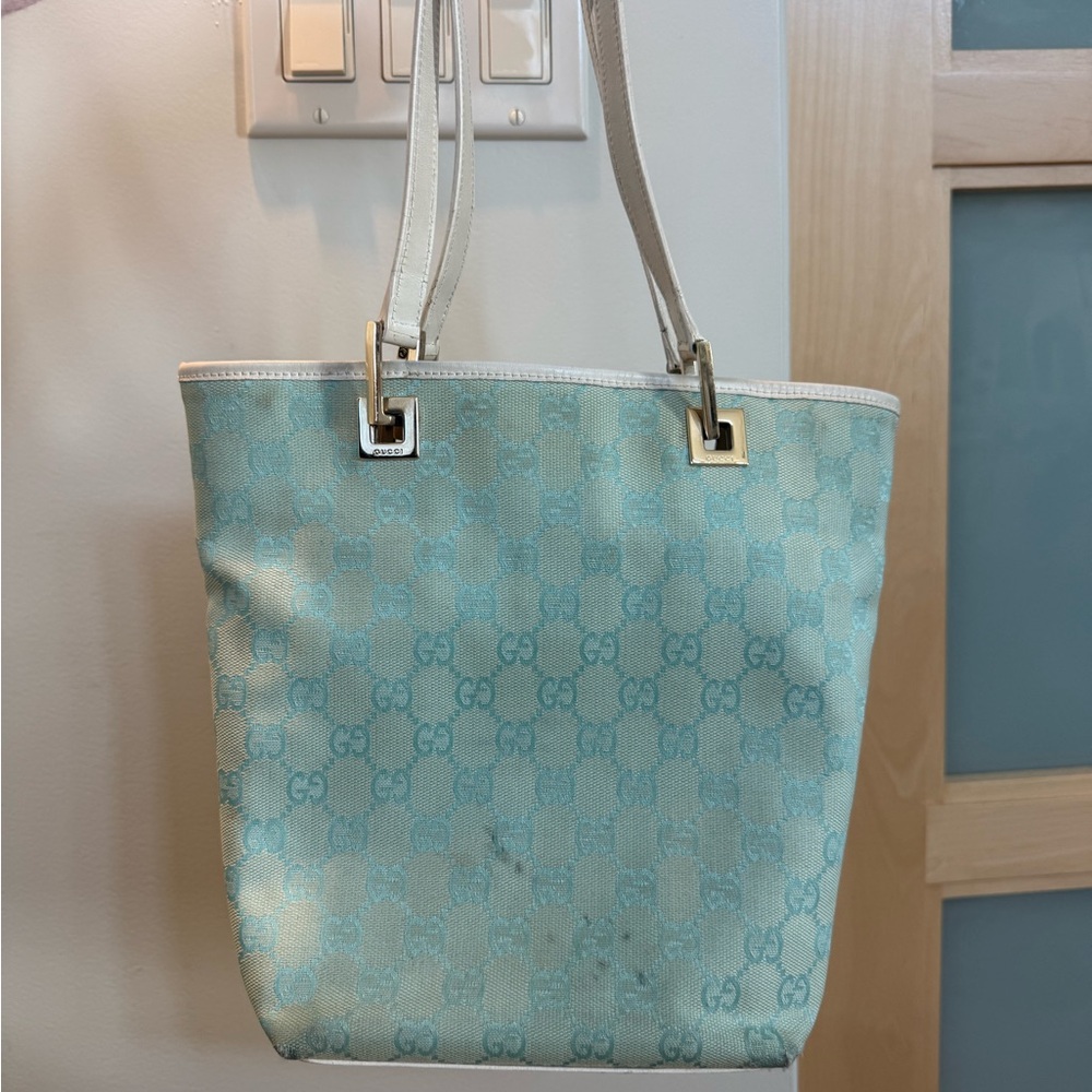 Gucci Blue Tote with Monogram Pattern and gold Accents